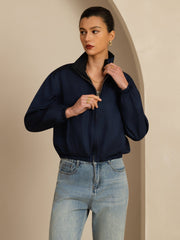 Pure Silk Women's Short Stand Collar Reversible Jacket With Pockets