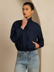 Pure Silk Women's Short Stand Collar Reversible Jacket With Pockets