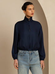 Pure Silk Women's Short Stand Collar Reversible Jacket With Pockets