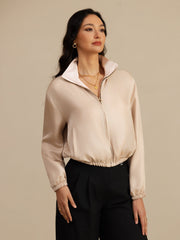 Pure Silk Women's Short Stand Collar Reversible Jacket With Pockets