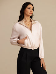 Pure Silk Women's Short Stand Collar Reversible Jacket With Pockets