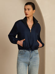 Pure Silk Women's Short Stand Collar Reversible Jacket With Pockets
