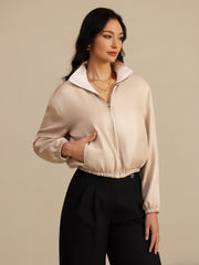 Pure Silk Women's Short Stand Collar Reversible Jacket With Pockets