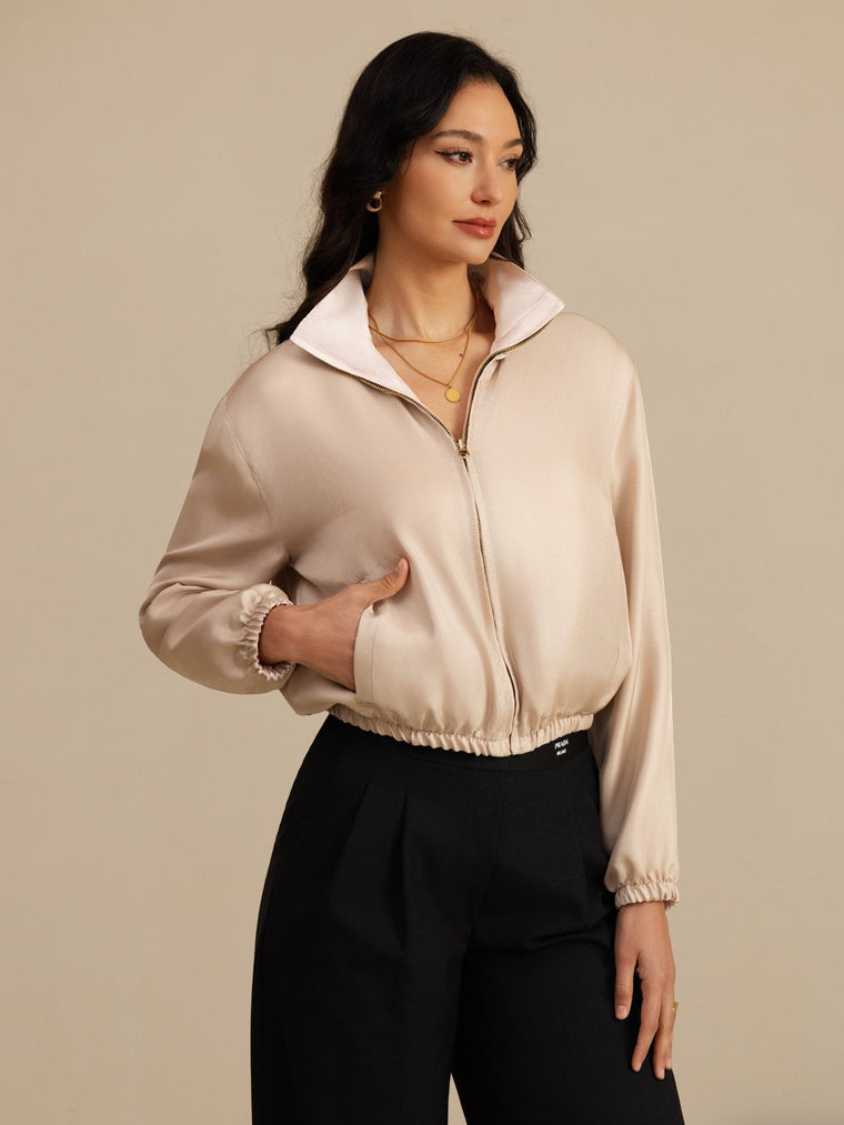 Pure Silk Women's Short Stand Collar Reversible Jacket With Pockets