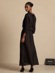 Pure Silk Women's Textured Grid Crop Blouse & A-Line Long Skirt Set