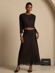 Pure Silk Women's Textured Grid Crop Blouse & A-Line Long Skirt Set