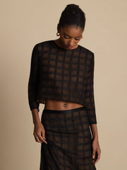 Pure Silk Women's Textured Grid Crop Blouse & A-Line Long Skirt Set