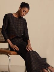 Pure Silk Women's Textured Grid Crop Blouse & A-Line Long Skirt Set