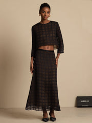 Pure Silk Women's Textured Grid Crop Blouse & A-Line Long Skirt Set