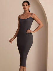 Silk Cotton Square Neck Spaghetti Strap Bodycon Long Dress