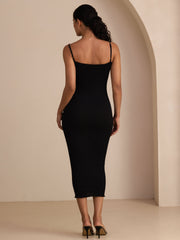 Silk Cotton Square Neck Spaghetti Strap Bodycon Long Dress