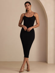 Silk Cotton Square Neck Spaghetti Strap Bodycon Long Dress