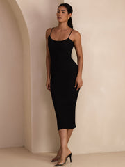 Silk Cotton Square Neck Spaghetti Strap Bodycon Long Dress
