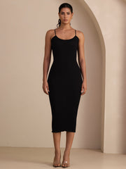 Silk Cotton Square Neck Spaghetti Strap Bodycon Long Dress