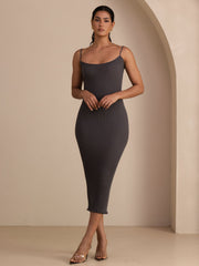Silk Cotton Square Neck Spaghetti Strap Bodycon Long Dress