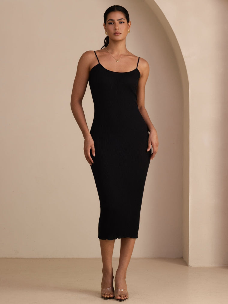Silk Cotton Square Neck Spaghetti Strap Bodycon Long Dress