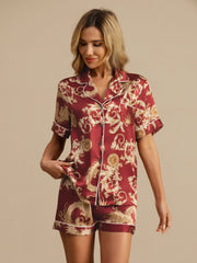 Women's 100% Mulberry Silk Dragon Print Short Sleeve Notch Collar Pajamas Set With Shorts
