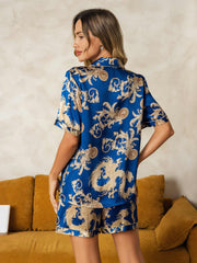 Women's 100% Mulberry Silk Dragon Print Short Sleeve Notch Collar Pajamas Set With Shorts