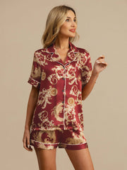 Women's 100% Mulberry Silk Dragon Print Short Sleeve Notch Collar Pajamas Set With Shorts