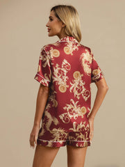 Women's 100% Mulberry Silk Dragon Print Short Sleeve Notch Collar Pajamas Set With Shorts