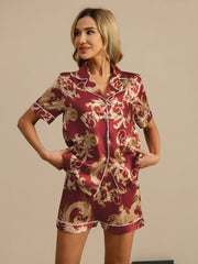 Women's 100% Mulberry Silk Dragon Print Short Sleeve Notch Collar Pajamas Set With Shorts
