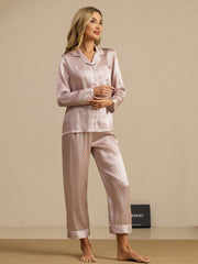 Women's 100% Mulberry Silk Geometric Print Long Sleeve Pajamas Set With Pants