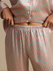 Women's 100% Mulberry Silk Geometric Print Long Sleeve Pajamas Set With Pants