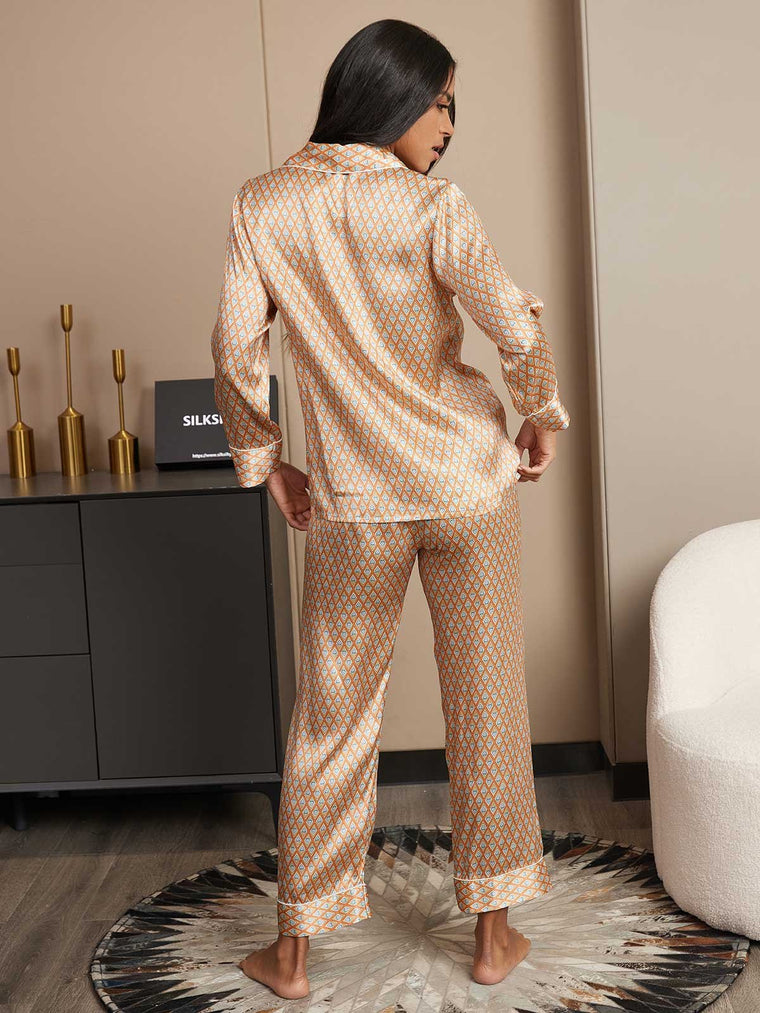 Women's 100% Mulberry Silk Geometric Print Long Sleeve Pajamas Set With Pants