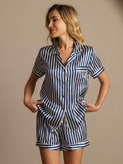 Women's 100% Mulberry Silk Stripe Print Short Sleeve Notch Collar Pajamas Set With Shorts