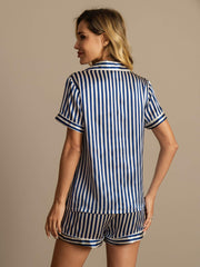 Women's 100% Mulberry Silk Stripe Print Short Sleeve Notch Collar Pajamas Set With Shorts