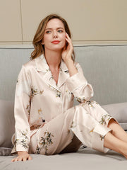 Women's Pure Silk Floral Print Long Sleeve Pajamas Set With Pants