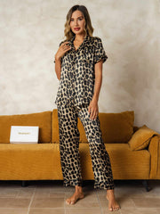 Women's Pure Silk Leopard Print Short Sleeve Notch Collar Pajamas Set With Pants
