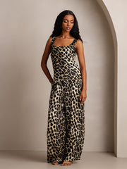 Women's Pure Silk Leopard Print U-Neck Tank Top & Wide Leg Pants Set