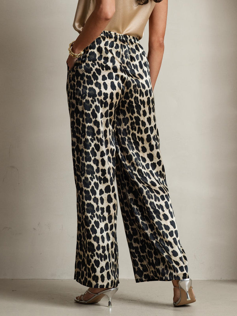 Women's Pure Silk Leopard Print Wide Leg Pants