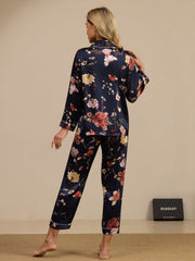 Women's Pure Silk Navy Floral Print Long Sleeve Notch Collar Button Up Pajamas Set
