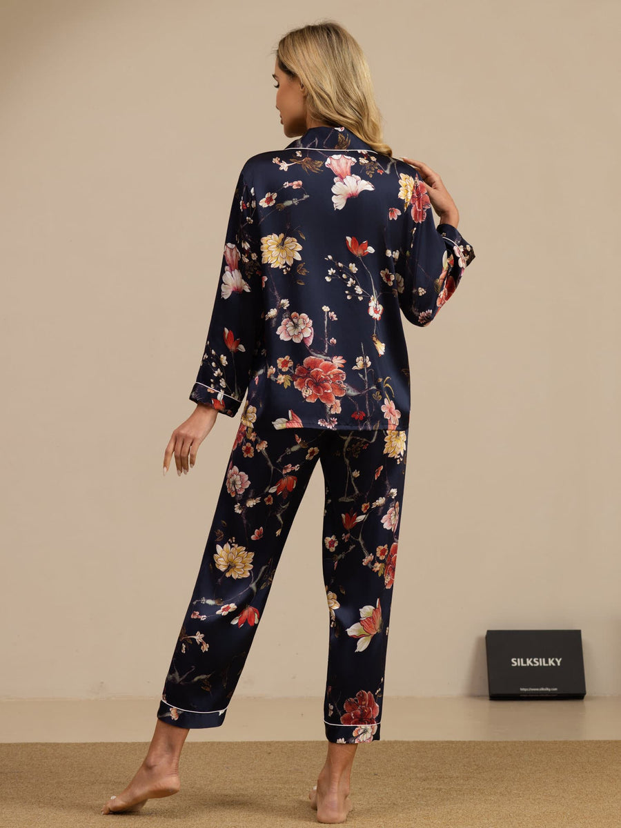 Women's Pure Silk Navy Floral Print Long Sleeve Notch Collar Button Up Pajamas Set