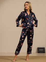 Women's Pure Silk Navy Floral Print Long Sleeve Notch Collar Button Up Pajamas Set