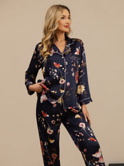 Women's Pure Silk Navy Floral Print Long Sleeve Notch Collar Button Up Pajamas Set