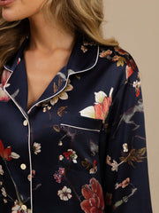 Women's Pure Silk Navy Floral Print Long Sleeve Notch Collar Button Up Pajamas Set