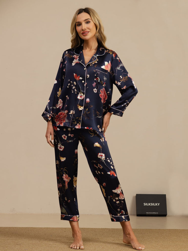 Women's Pure Silk Navy Floral Print Long Sleeve Notch Collar Button Up Pajamas Set