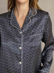 Women's Pure Silk Navy Ginkgo Print Long Sleeve Notch Collar Pajamas Set