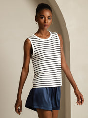 Women's Pure Silk Round Neck Sport Stripe Print Tank Top