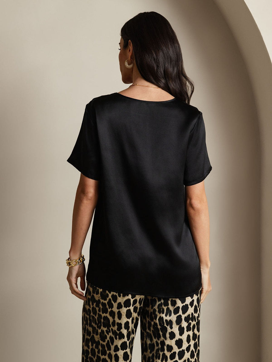 Women's Pure Silk Short Sleeve Round Neck Solid Top & Leopard Print Pants Pajamas Set
