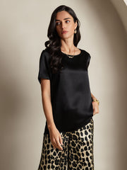 Women's Pure Silk Short Sleeve Round Neck Solid Top & Leopard Print Pants Pajamas Set