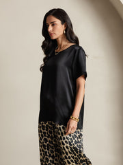 Women's Pure Silk Short Sleeve Round Neck Solid Top & Leopard Print Pants Pajamas Set