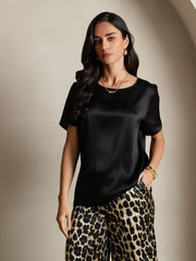Women's Pure Silk Short Sleeve Round Neck Solid Top & Leopard Print Pants Pajamas Set