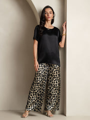 Women's Pure Silk Short Sleeve Round Neck Solid Top & Leopard Print Pants Pajamas Set