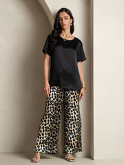 Women's Pure Silk Short Sleeve Round Neck Solid Top & Leopard Print Pants Pajamas Set