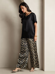 Women's Pure Silk Short Sleeve Round Neck Solid Top & Leopard Print Pants Pajamas Set