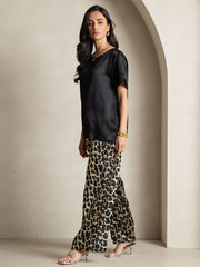 Women's Pure Silk Short Sleeve Round Neck Solid Top & Leopard Print Pants Pajamas Set
